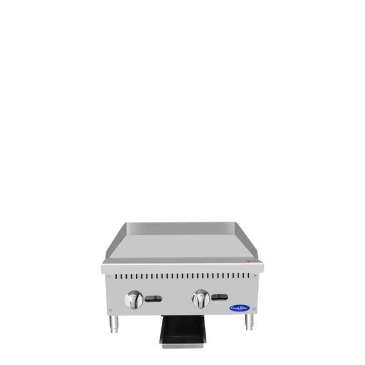 A front view of CookRite's 24 inch heavy duty manual griddle with the door open