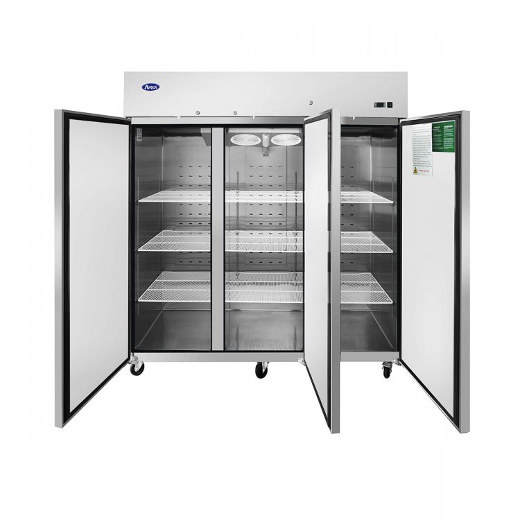 A front view of Atosa's Top Mount (3) Three Door Refrigerator with the doors open