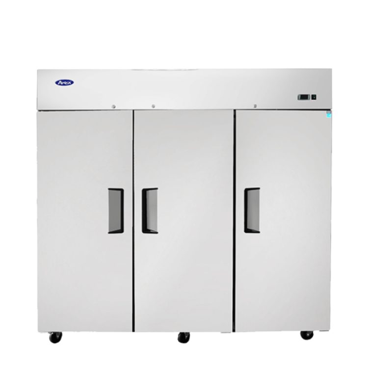 A front view of Atosa's top mount 3 door freezer