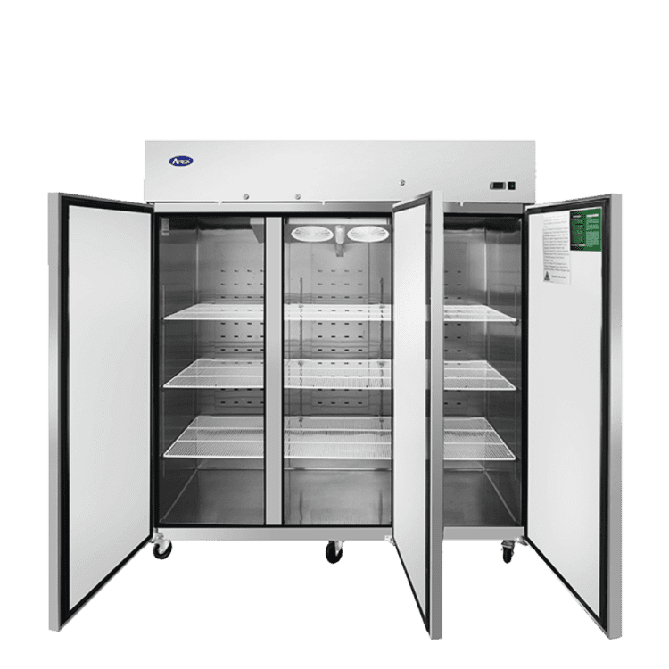 A front view of Atosa's top mount 3 door freezer with the doors open