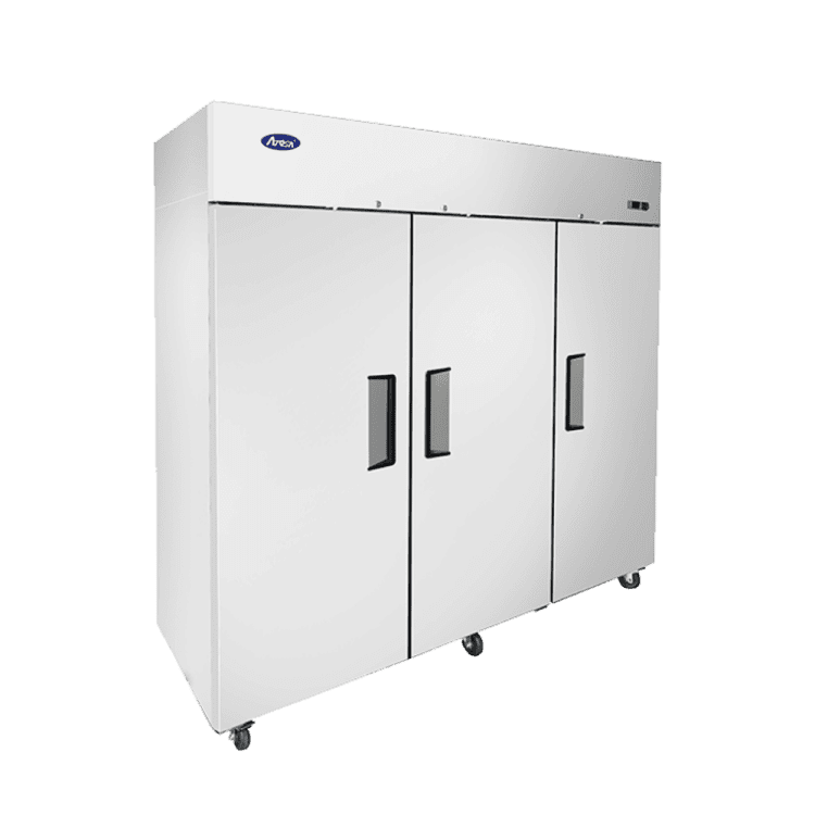 A left side view of Atosa's top mount 3 door freezer