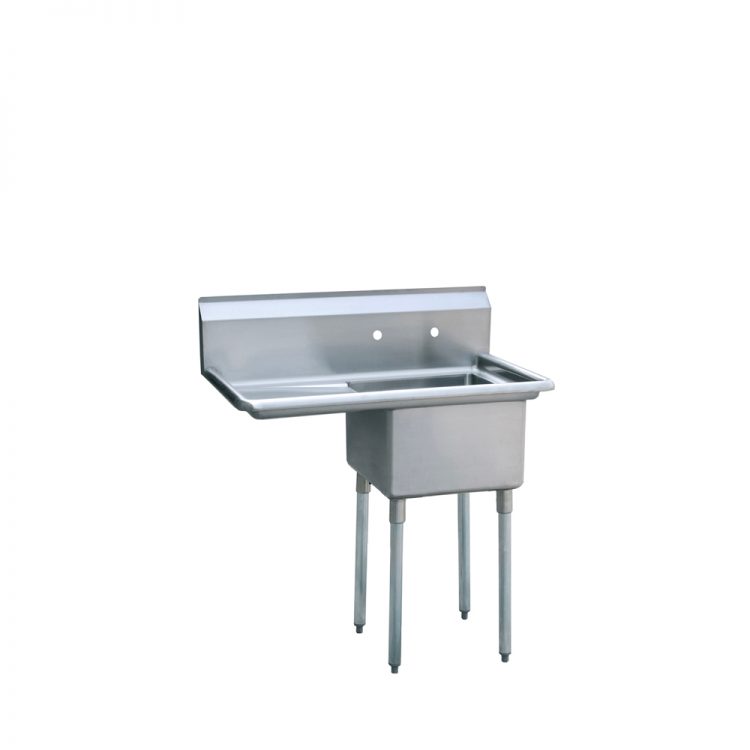 An angled view of MixRite's 18" One Compartment Sink with Left Drain Board