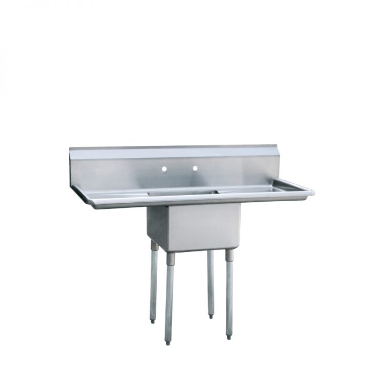 An angled view of MixRite's 18" One Compartment Sink with Left and Right Drain