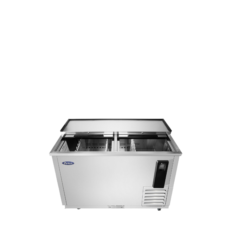 A front view of Atosa's horizontal bottle cooler with the doors open