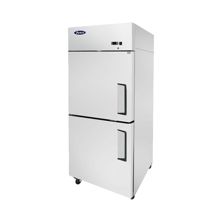 A right side view of Atosa's top mount refrigerator with half doors