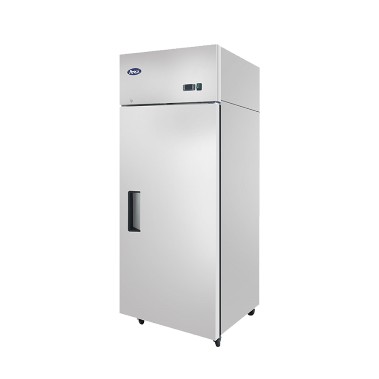 A right side view of Atosa's upright freezer top mount with 1 door