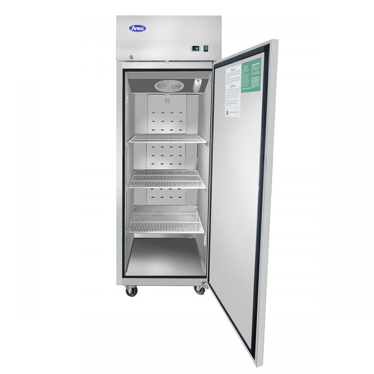 A front view of Atosa's Top Mount One (1) Door Reach-in Freezer with the door open