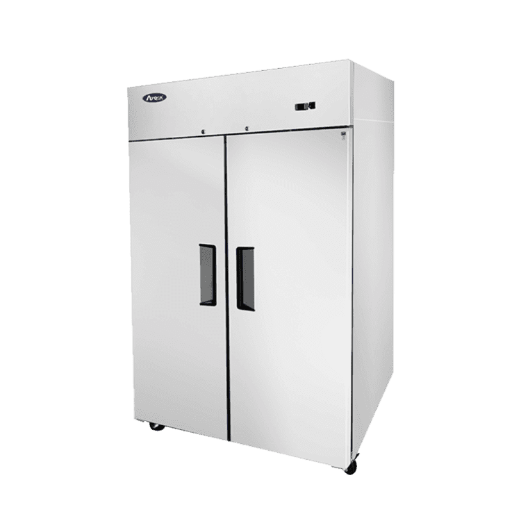 A right side view of Atosa's upright freezer top mount with 2 doors