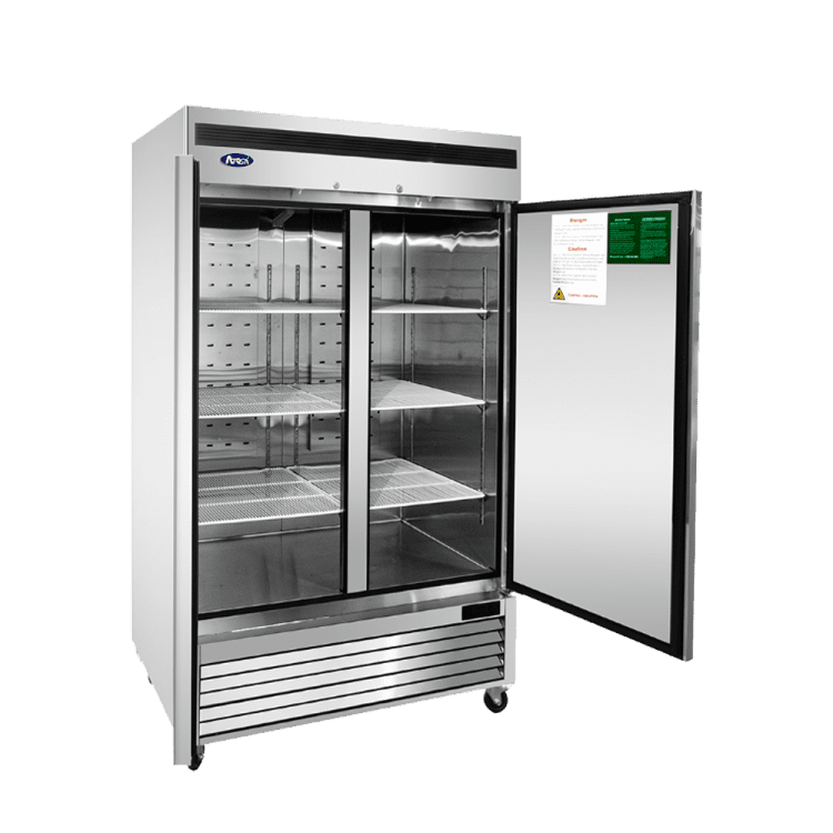 A left side view of Atosa's bottom mount freezer with two doors open