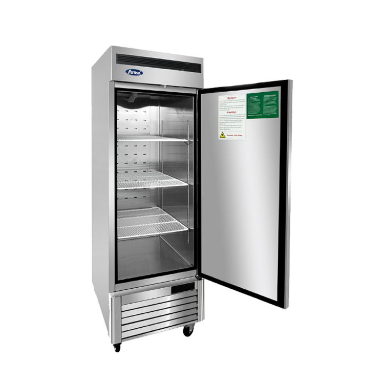 An angled view of Atosa's Bottom Mount One (1) Door Reach-in Refrigerator with the doors open