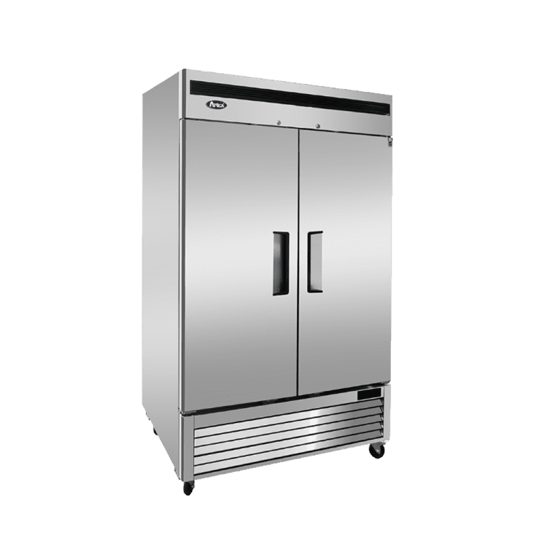 An angled view of Atosa's Bottom Mount Two (2) Door Reach-in Refrigerator