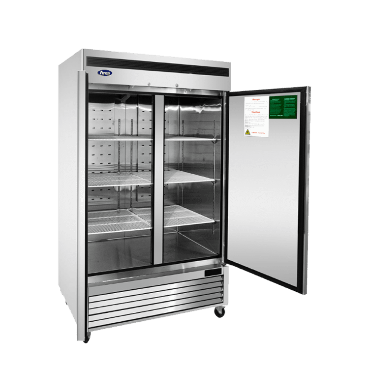 An angled view of Atosa's Bottom Mount Two (2) Door Reach-in Refrigerator