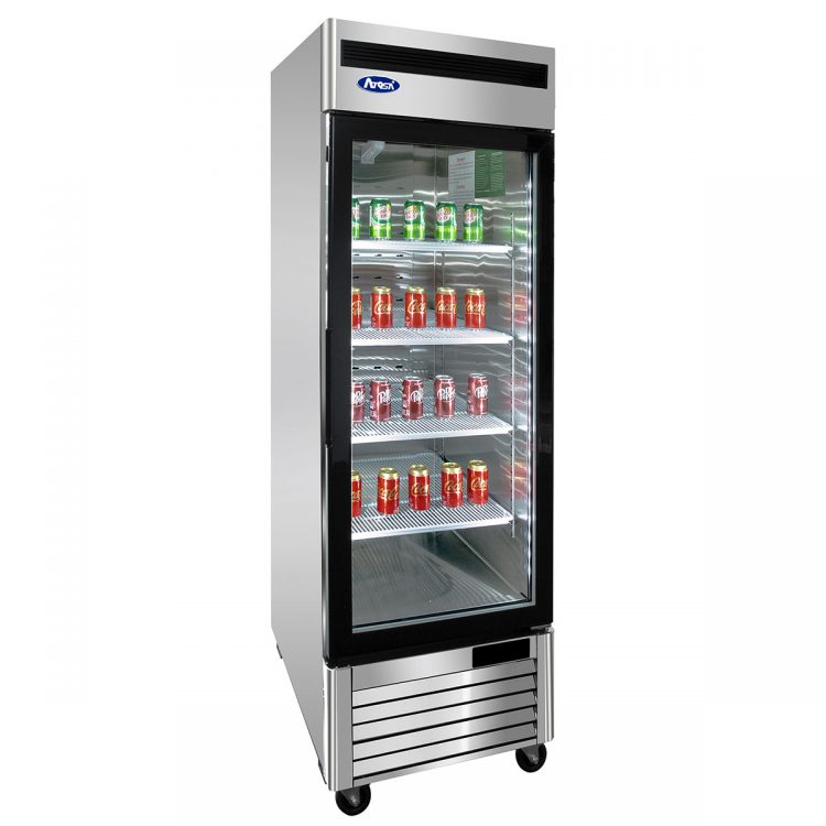 An angled view of CookRite's One (1) Glass Door Merchandiser Cooler