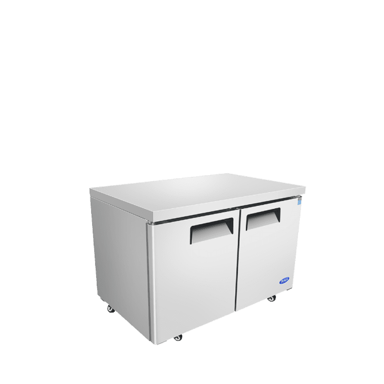 A left side view of Atosa's 60 inch under-counter refrigerator