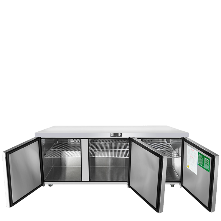 A front view of Atosa's 72" Undercounter Refrigerator with the doors open