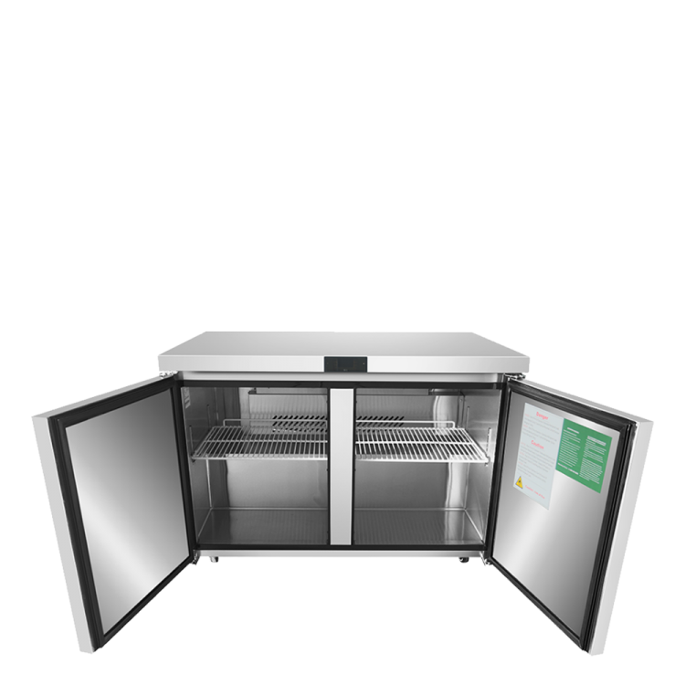 A front view of Atosa's 48" Undercounter Freezer with the doors open