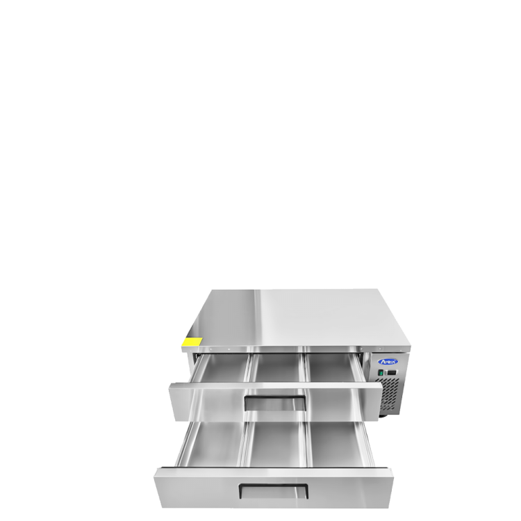 A front view of Atosa's 48" Refrigerated Chef Base with the doors open