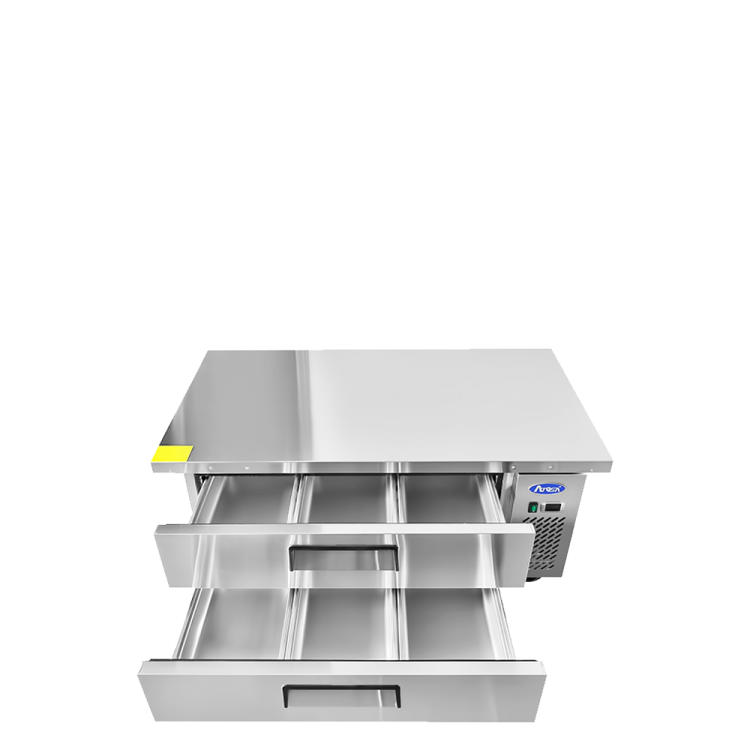 A front view of Atosa's 52" Refrigerated Chef Base with the doors open