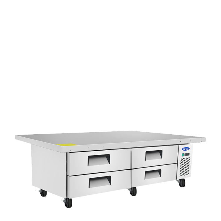 An angled view of Atosa's 76" Refrigerated Chef Base, Extended Top