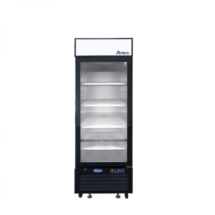 A front view of Atosa's Black Cabinet One (1) Glass Door Merchandiser Cooler