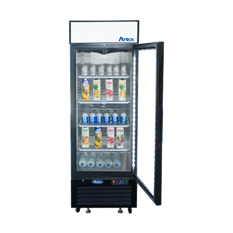 A front view of Atosa's Black Cabinet One (1) Glass Door Merchandiser Cooler with the door open