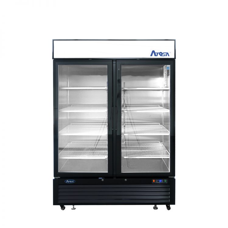 A front view of Atosa's Black Cabinet Two (2) Glass Door Merchandiser Cooler