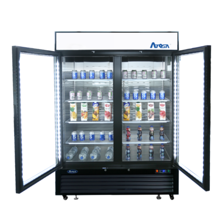 A front view of Atosa's Black Cabinet Two (2) Glass Door Merchandiser Cooler with the doors open