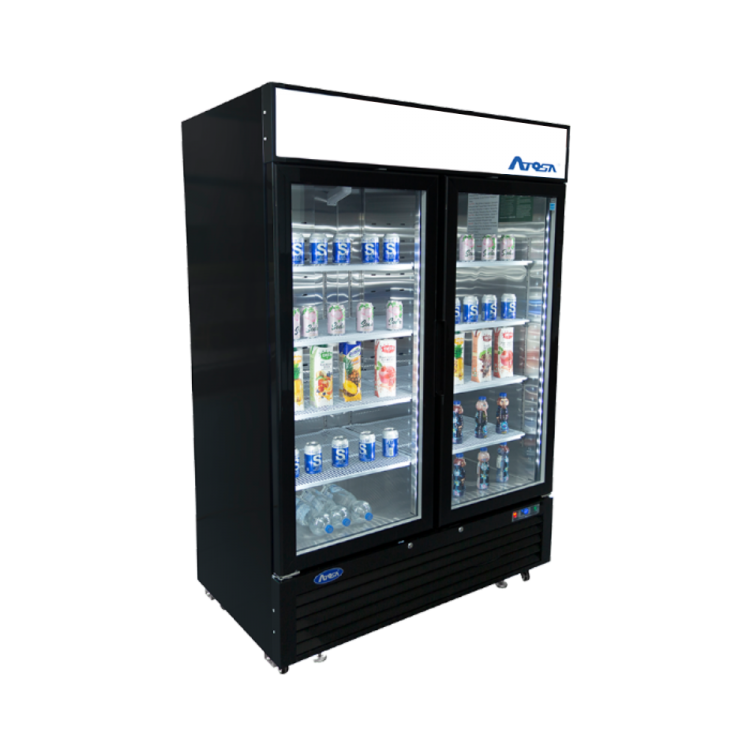 A side view of Atosa's Black Cabinet Two (2) Glass Door Merchandiser Cooler