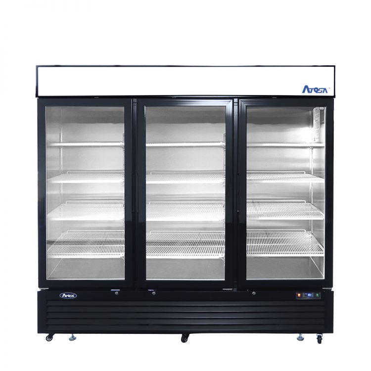 A front view of Atosa's Black Cabinet Three (3) Glass Door Merchandiser Cooler