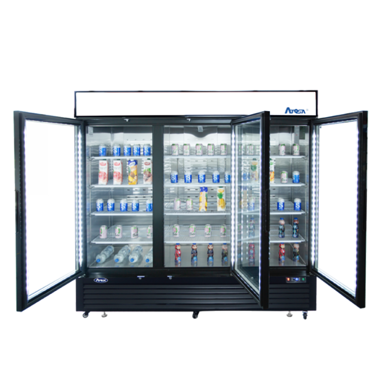 A front view of Atosa's Black Cabinet Three (3) Glass Door Merchandiser Cooler with the doors open