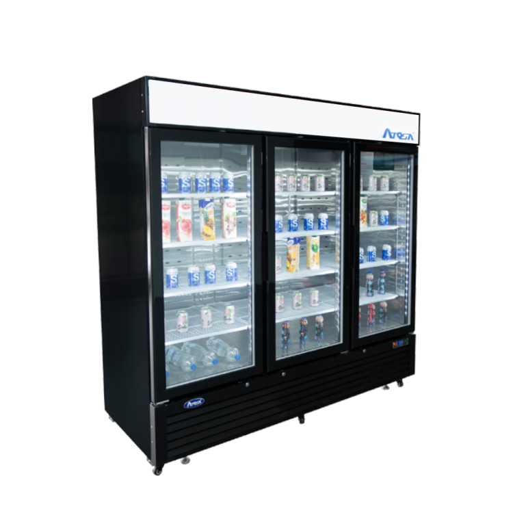 A side view of Atosa's Black Cabinet Three (3) Glass Door Merchandiser Cooler