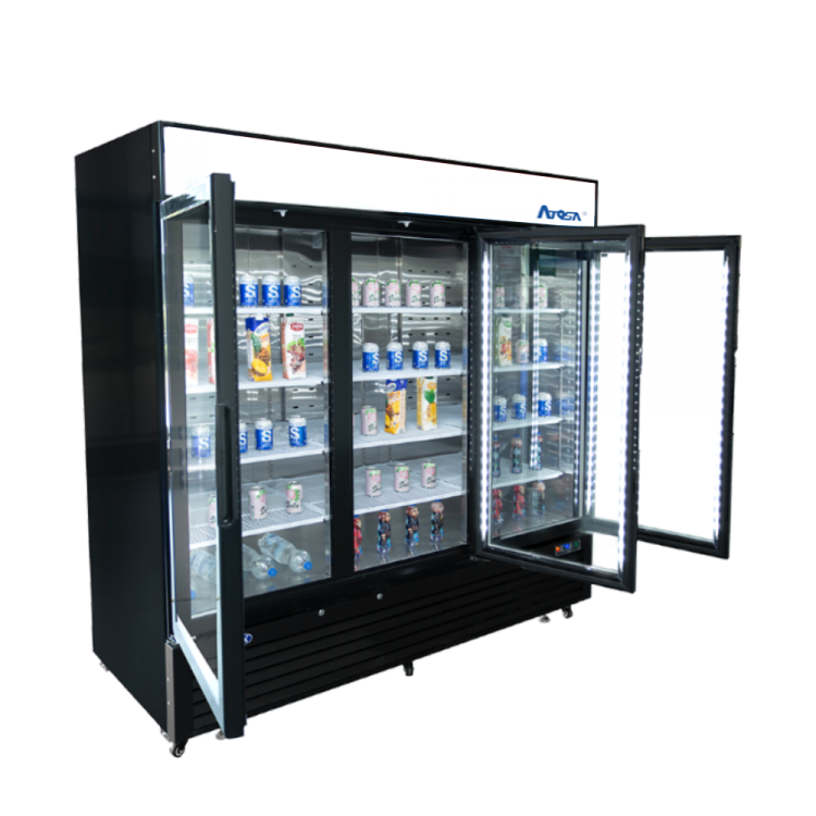 A side view of Atosa's Black Cabinet Three (3) Glass Door Merchandiser Cooler with the doors open