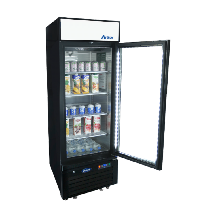 A side view of Atosa's Black Cabinet One (1) Glass Door Merchandiser Cooler with the door open