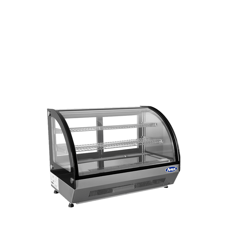 An angled view of Atosa's Countertop Refrigerated Curved Display Case (4.6 cu ft)