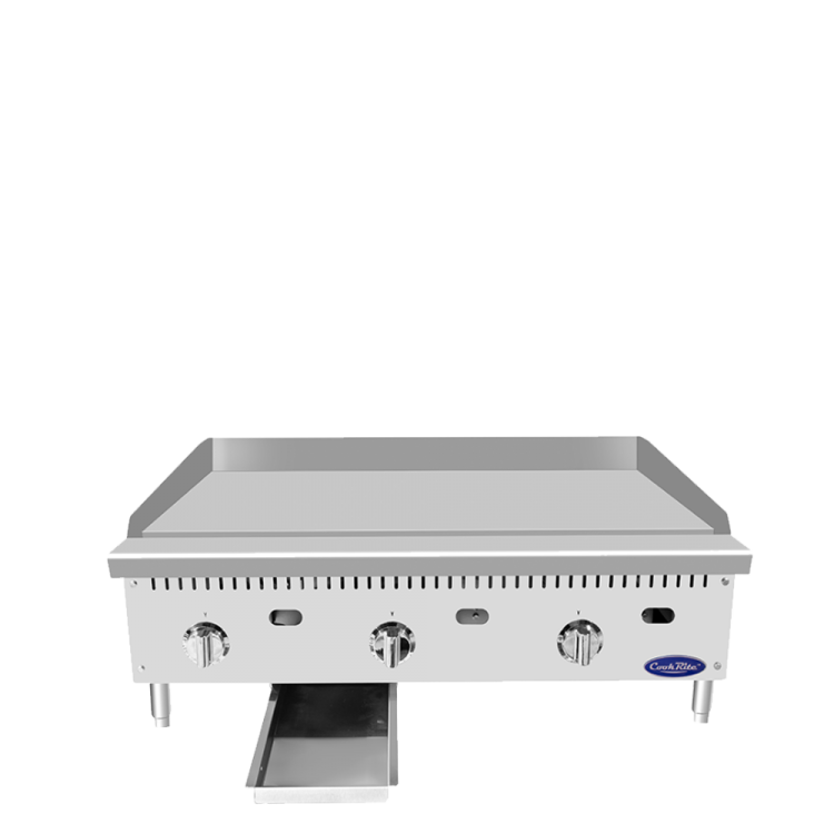 A front view of CookRite's 36" Thermostatic Griddle with 1' Griddle Plate with the door open