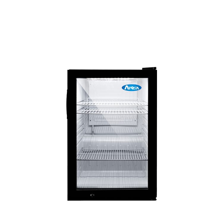 A front view of Atosa's Countertop Glass Door Merchandiser Cooler with Lighted Header (4.6 cu ft)