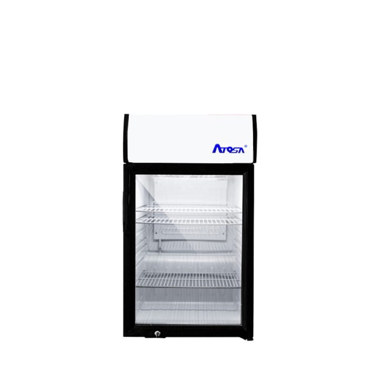 A front view of Atosa's Countertop Glass Door Merchandiser Cooler with Lighted Header (4.6 cu ft)