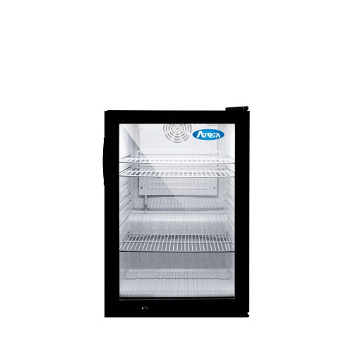 A front view of Atosa's Countertop Glass Door Merchandiser Cooler with Lighted Header (3 cu ft)