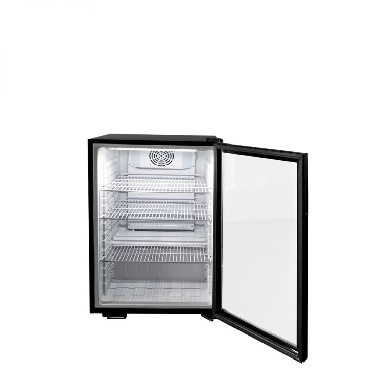 A front view of Atosa's Countertop Glass Door Merchandiser Cooler with Lighted Header (3 cu ft) with the door open