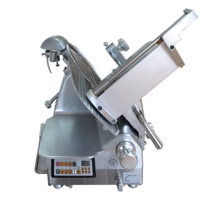 A side view of PrepPal's 14” Heavy Duty Automatic Slicer