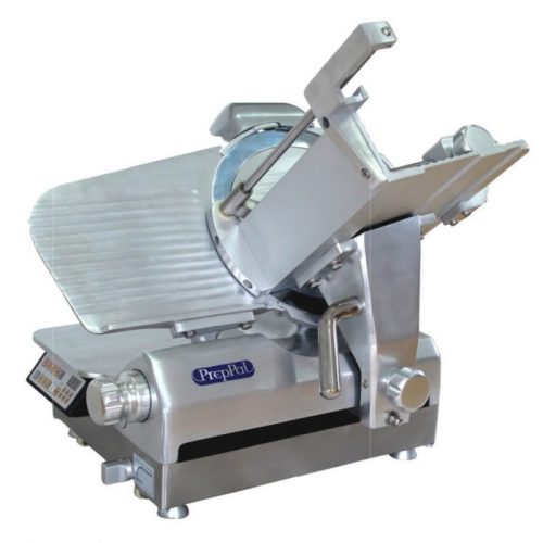 An angled view of PrepPal's 14” Heavy Duty Automatic Slicer