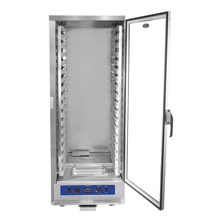 A front view of CookRite's Heated Insulated Cabinet (Holds 18 Pans) with the door open