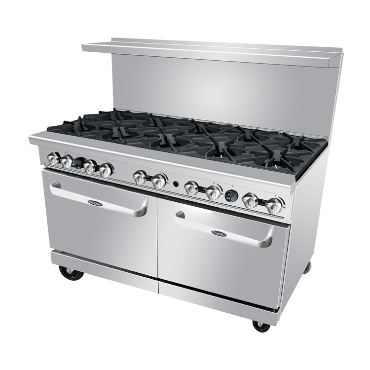 An angled view of 60" Gas Range with Ten (10) Open Burners