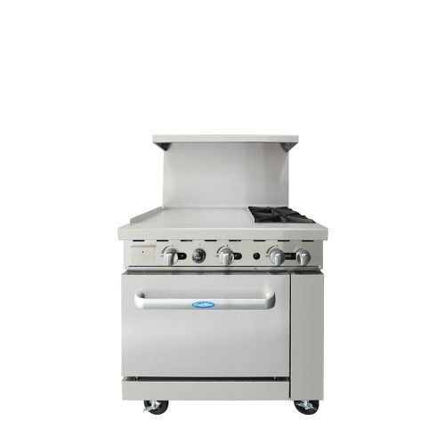 A front view of CookRite's 36" Gas Range with 24" Griddle & Two (2) Open Burners