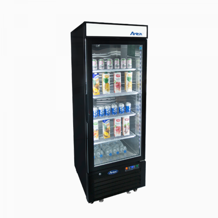 A side view of Atosa's Black Cabinet One (1) Glass Door Merchandiser Cooler