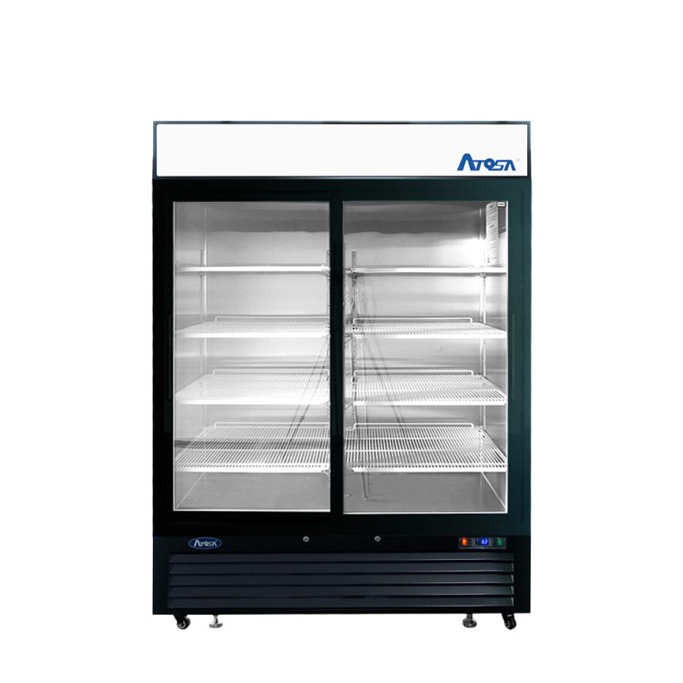 A front view of Atosa's Black Cabinet Two (2) Sliding Glass Door Merchandiser Cooler