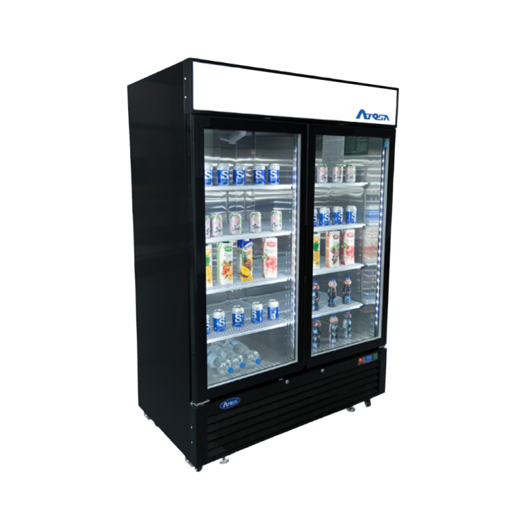 A side view of Atosa's Black Cabinet Two (2) Sliding Glass Door Merchandiser Cooler