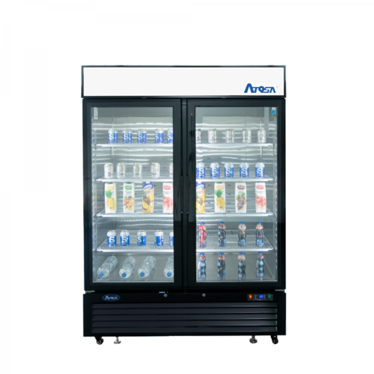 A front view of Atosa's Black Cabinet Two (2) Glass Door Merchandiser Freezer