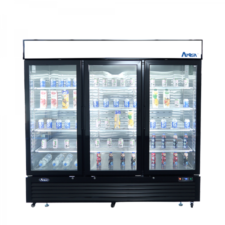 A front view of Atosa's Black Cabinet Three (3) Glass Door Merchandiser Freezer