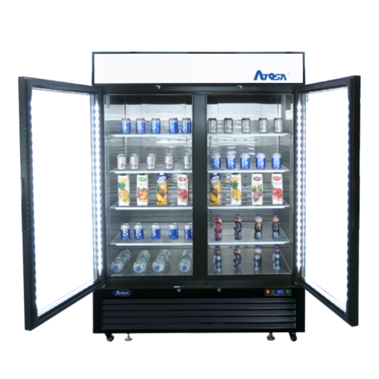 A front view of Atosa's Black Cabinet Two (2) Glass Door Merchandiser Cooler with the doors open